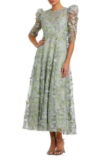 Mac Duggal Applique High Neck Puff Sleeve A Line Dress In Sage