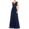 Mac Duggal Appliqued Cap Sleeve Bodice Flowy Gown In Navy