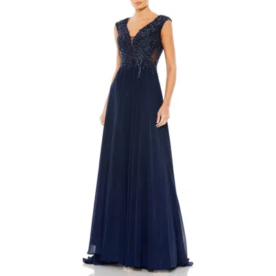 Mac Duggal Appliqued Cap Sleeve Bodice Flowy Gown In Navy