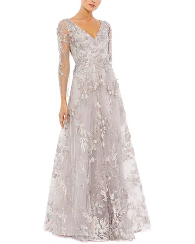 Mac Duggal Embroidered Lace Gown In Silver