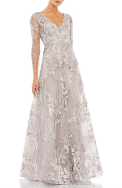 MAC DUGGAL MAC DUGGAL APPLIQUED ILLUSION LONG SLEEVE A LINE GOWN