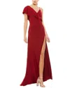 Mac Duggal Asymmetric V-neck Jersey Ruffled Cap Sleeve Gown In Red