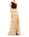 Mac Duggal One-shoulder Ruffle Tiered Gown In Black Gold