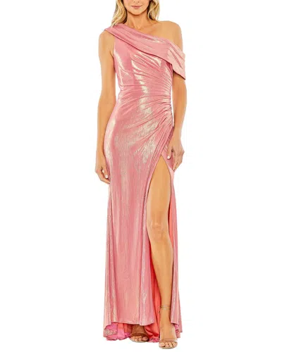 Mac Duggal Metallic Off The Shoulder Ruched Waist Slit Gown In Pink
