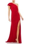 Mac Duggal Asymmetric One-shoulder Jersey Gown With Ruffle Sleeve And Thigh-high Slit In Red