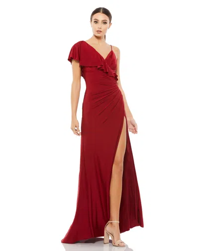 Mac Duggal Asymmetric V-neck Jersey Ruffled Cap Sleeve Gown In Pink