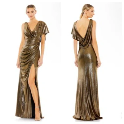 Pre-owned Mac Duggal Asymmetrical Draped Trumpet Gown Antique Gold $498 26986 Size 6