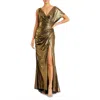 Mac Duggal Metallic Draped Asymmetric Sheath Gown In Gold