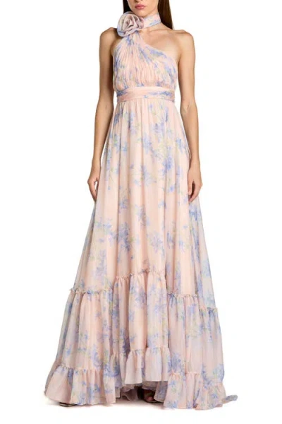 Mac Duggal Asymmetrical Floral Halter Chiffon Gown With Ruffles In Multi