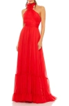 Mac Duggal Asymmetrical Halter Neck Tiered A Line Gown In Red