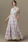 Mac Duggal Floral Asymmetric Halter Neck Tiered Gown In Multicolor