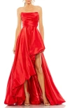 Mac Duggal Strapless Ruched Asymmetrical Gown In Red