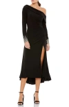 Mac Duggal Asymmetrical Long Sleeve Jewel Cuff Midi Dress In Black