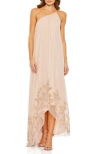 Mac Duggal Asymmetrical One Shoulder Beaded Hem Mesh Gown In Rose