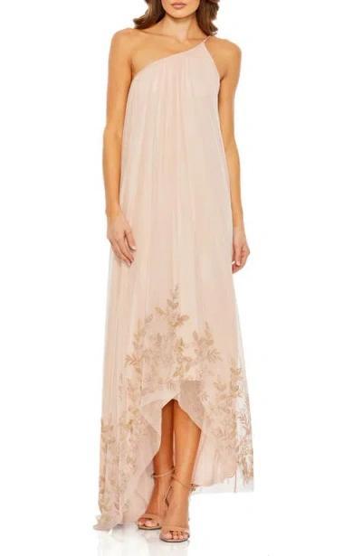 Mac Duggal Asymmetrical One Shoulder Beaded Hem Mesh Gown In Rose