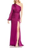 Mac Duggal Asymmetrical One Shoulder Single Long Sleeve Gown In Fuchsia