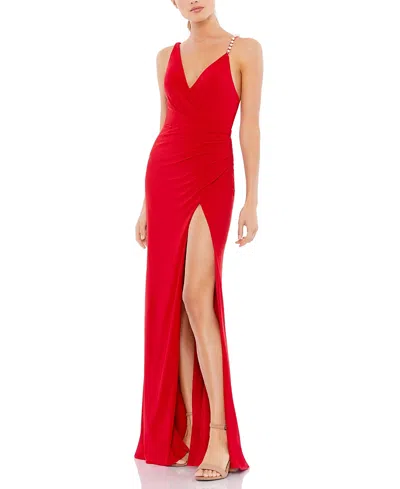 Mac Duggal Asymmetrical Pearl Strap V-neck Gown In Red