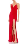 Mac Duggal Asymmetrical Pearl Strap V-neck Gown In Red