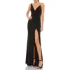 Mac Duggal Asymmetrical Pearl Strap V-neck Jersey Gown In Black