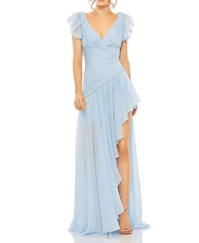 MAC DUGGAL ASYMMETRICAL RUCHED GOWN WITH FLUTTER SLEEVES