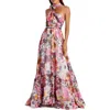Mac Duggal Asymmetrical Ruffled Halter Floral Gown In White Multi
