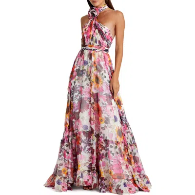 MAC DUGGAL MAC DUGGAL ASYMMETRICAL RUFFLED HALTER FLORAL GOWN