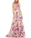 Mac Duggal Asymmetrical Ruffled Halter Floral Gown In White Multi