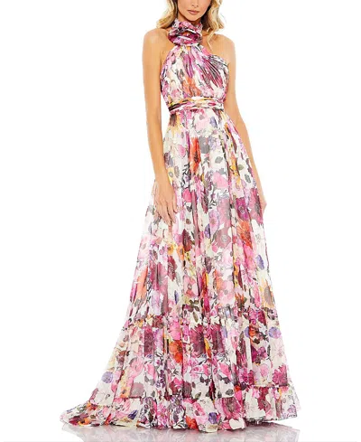 MAC DUGGAL ASYMMETRICAL RUFFLED HALTER FLORAL GOWN