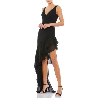 Mac Duggal Asymmetrical Ruffled V-neck Chiffon Dress In Black