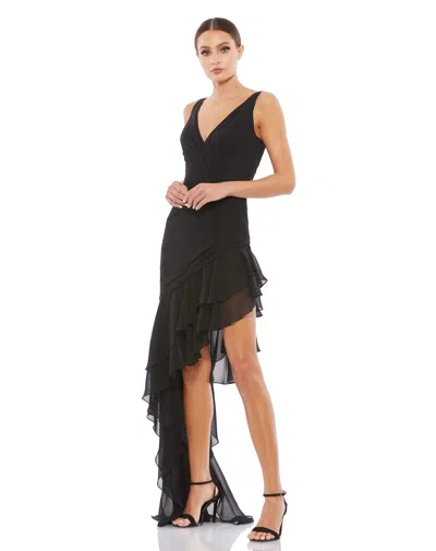 MAC DUGGAL ASYMMETRICAL RUFFLED V-NECK CHIFFON DRESS