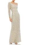 Mac Duggal Asymmetrical Single Long Puff Sleeve Hand Embellished Gown In Shimmering Gold