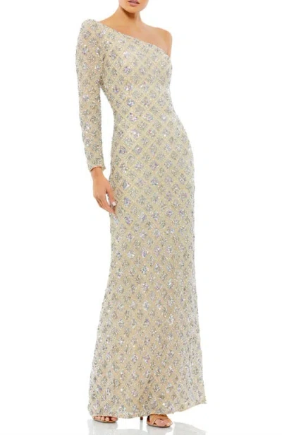 Mac Duggal Asymmetrical Single Long Puff Sleeve Hand Embellished Gown In Shimmering Gold