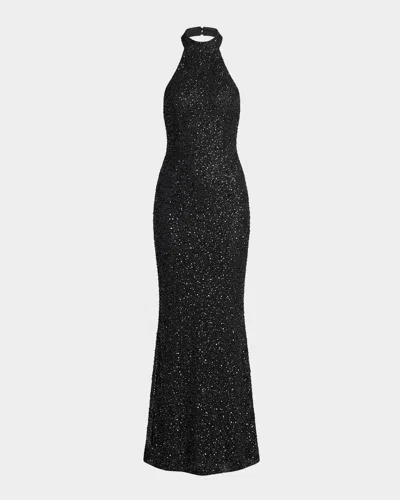 Mac Duggal Backless Beaded Halter Gown In Black