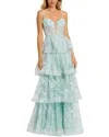 Mac Duggal Spaghetti Strap Applique Tiered Ruffle Gown