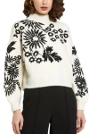 Mac Duggal Balloon Sleeve Cropped Mock Neck Knit Sweater In Ecru