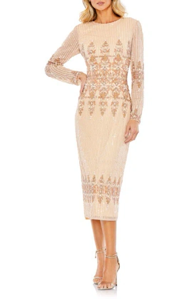 Mac Duggal Bead & Sequin Long Sleeve Sheath Gown In Peach