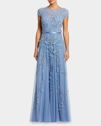 Mac Duggal Floral Embellished Short Sleeve Mesh Gown In Sky Blue