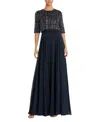 Mac Duggal Beaded 3/4 Sleeve Chiffon Gown In Black