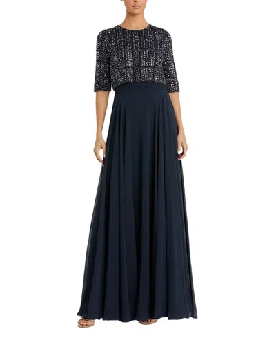 Mac Duggal Beaded 3/4 Sleeve Chiffon Gown In Black