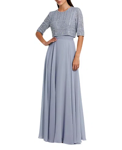 Mac Duggal Fully Beaded 3/4 Sleeves Top Chiffon Gown In Blue