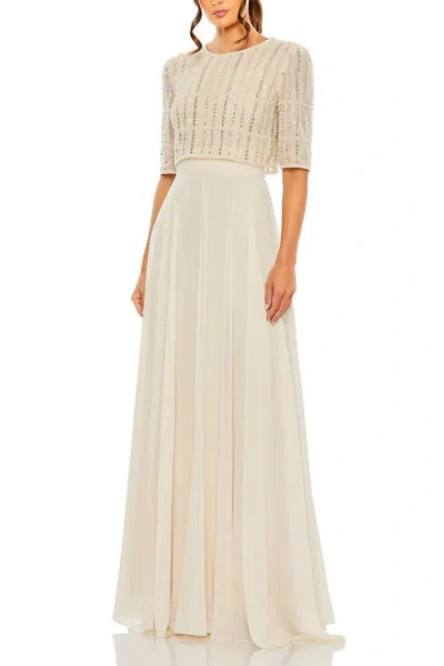 MAC DUGGAL MAC DUGGAL FULLY BEADED 3/4 SLEEVES TOP CHIFFON GOWN