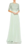 Mac Duggal Chiffon Gown With Fully Beaded Top In Sage