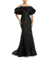 Mac Duggal Beaded Applique Off The Shoulder Mermaid Gown In Black