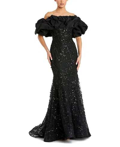 Mac Duggal Beaded Applique Off The Shoulder Mermaid Gown In Black