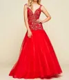 Mac Duggal Beaded Ball Gown In Red/nude In Multi