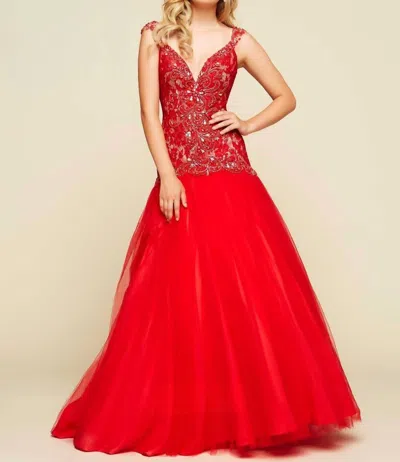 Mac Duggal Beaded Ball Gown In Red/nude In Multi
