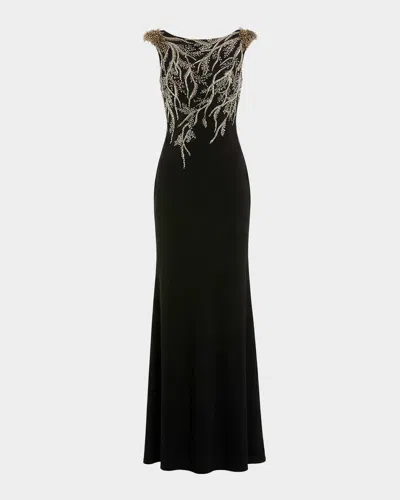 Mac Duggal Beaded Bateau-neck Jersey Column Gown In Black