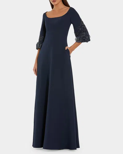 Mac Duggal Beaded Bell-sleeve Crepe Gown In Blue