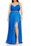 Mac Duggal Blue Beaded Belt Faux Wrap A Line Gown (plus) In Cobalt