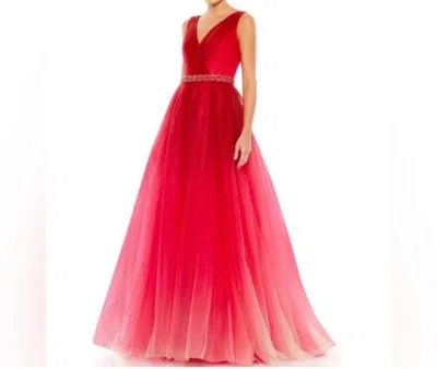 Mac Duggal Beaded Belt Wrap Over Sleeveless Ballgown In Red Ombré